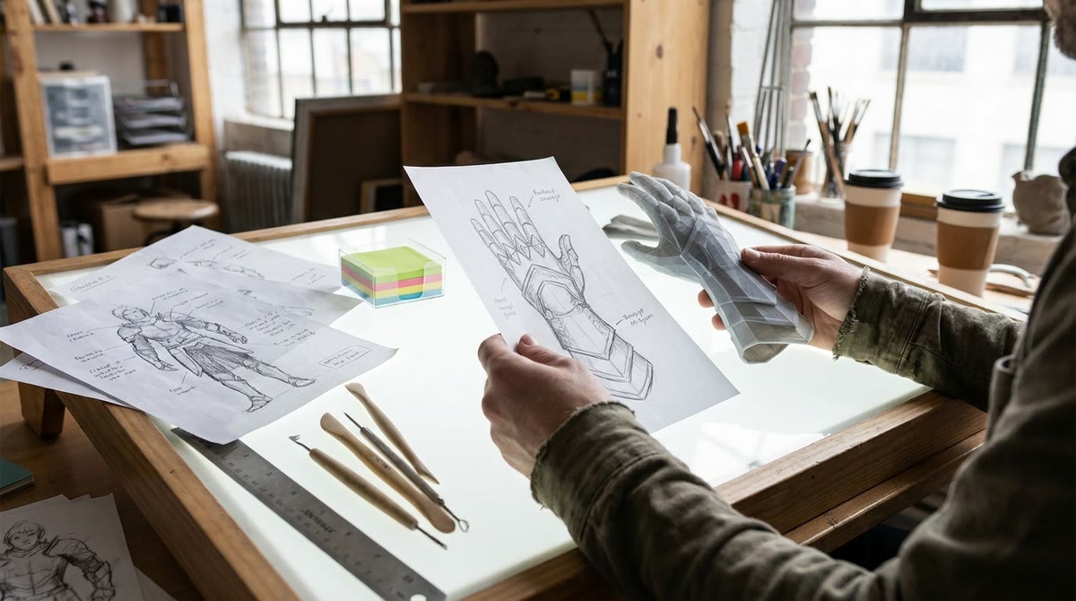Bàn tay đội ngũ sáng tạo so sánh bản art tay và mô hình polygon trên bàn sáng