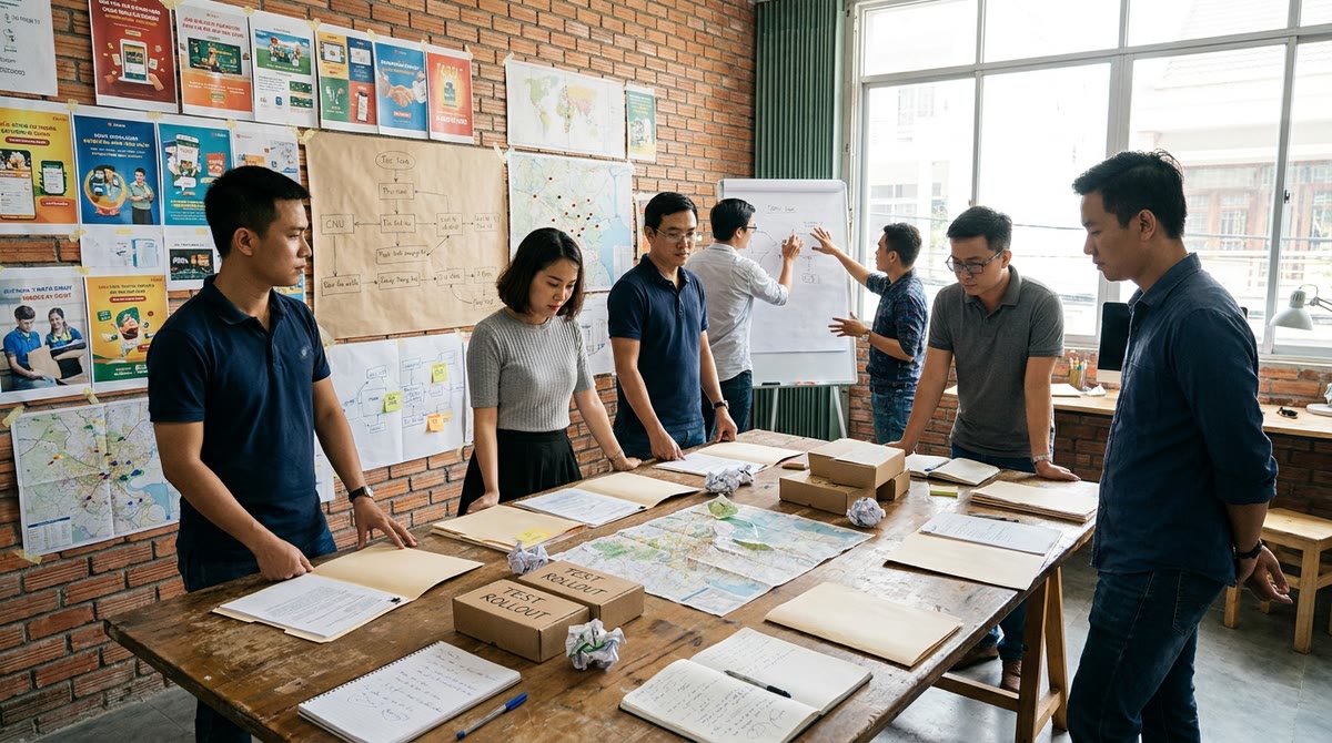 Nhóm quảng cáo Việt Nam họp quanh bảng giấy dán mockup, bản đồ thị trường và tài liệu thử nghiệm