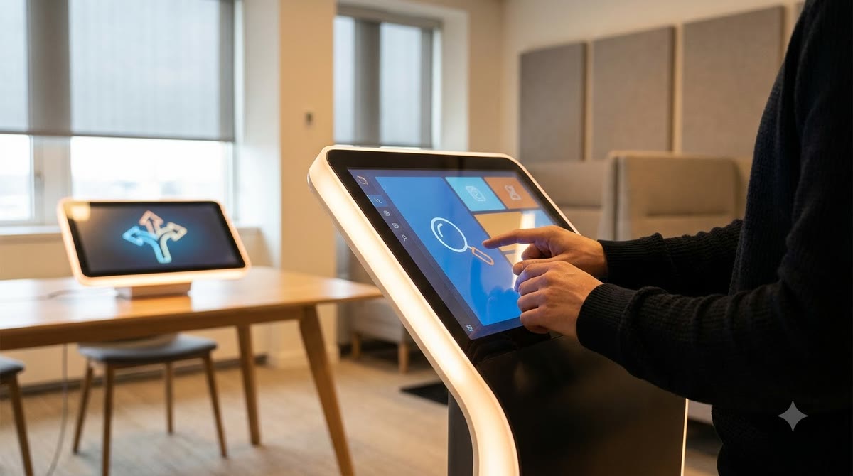 Người dùng thao tác tại kiosk tìm kiếm, giao diện kết hợp lớp AI và kết quả truyền thống