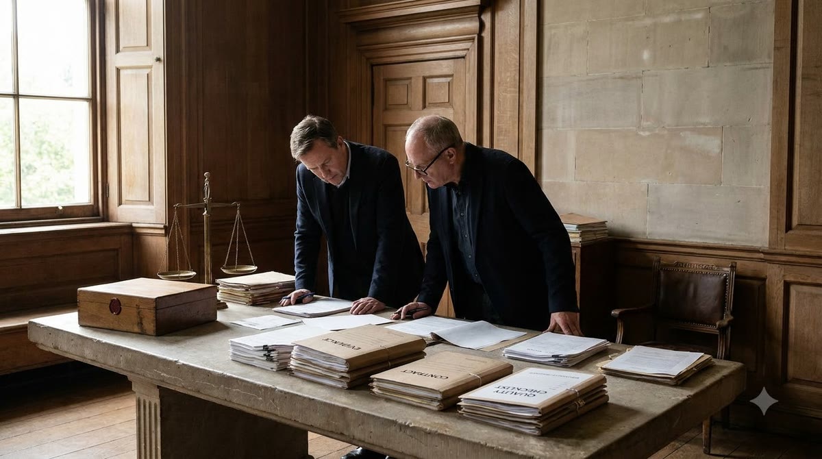 Two people reviewing a file set on quality and compliance disputes in a courtroom