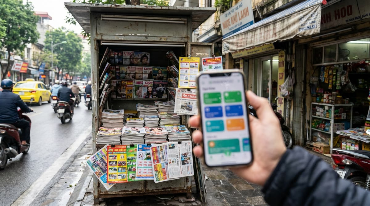 Góc phố Việt Nam với sạp báo, flyer in sẵn và điện thoại cầm tay trong khung cảnh thật