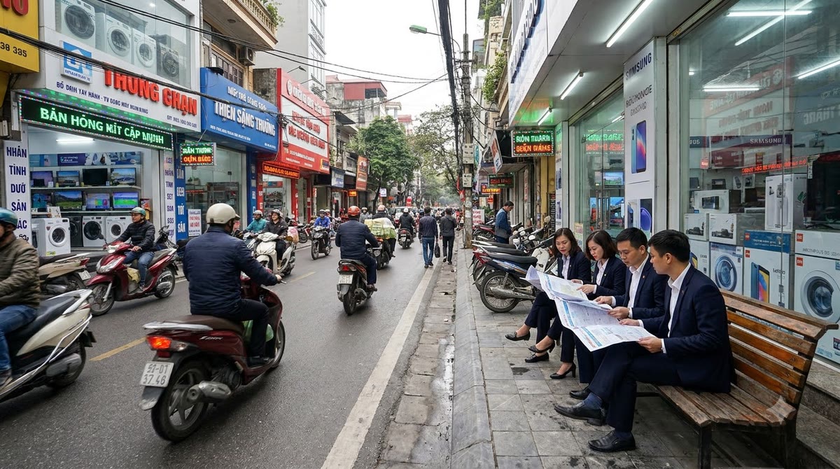 Khu phố điện máy đông đúc với người đi đường và bảng hàng hóa trong tủ kính