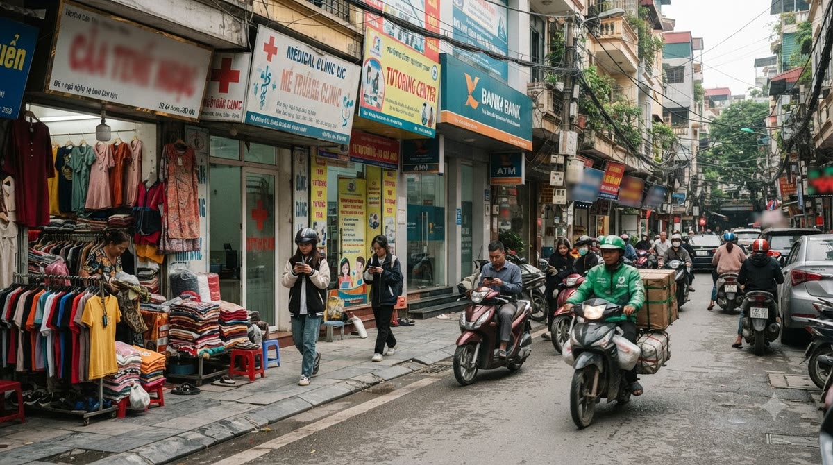 Mặt phố Việt Nam với cửa hàng, phòng khám, trung tâm học thêm và người xem điện thoại