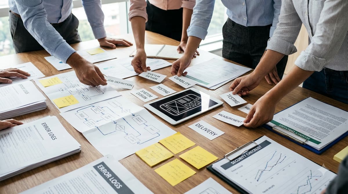 Nhóm người đang sắp xếp bảng quy trình, giấy ghi chú, biểu đồ và checklist kiểm thử