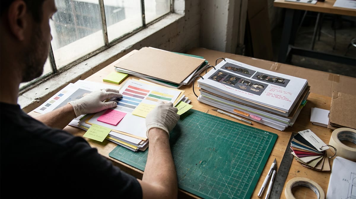 Desk with printed papers, task cards, and a rearranged mockup
