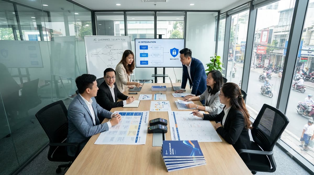 Phòng họp doanh nghiệp Việt Nam với bản in, lịch chiến dịch và tài liệu nền tảng