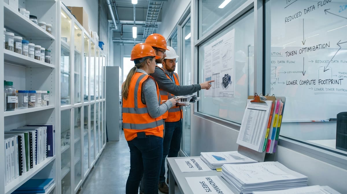 Hành lang phòng nghiên cứu với bảng audit và báo cáo mô hình in giấy