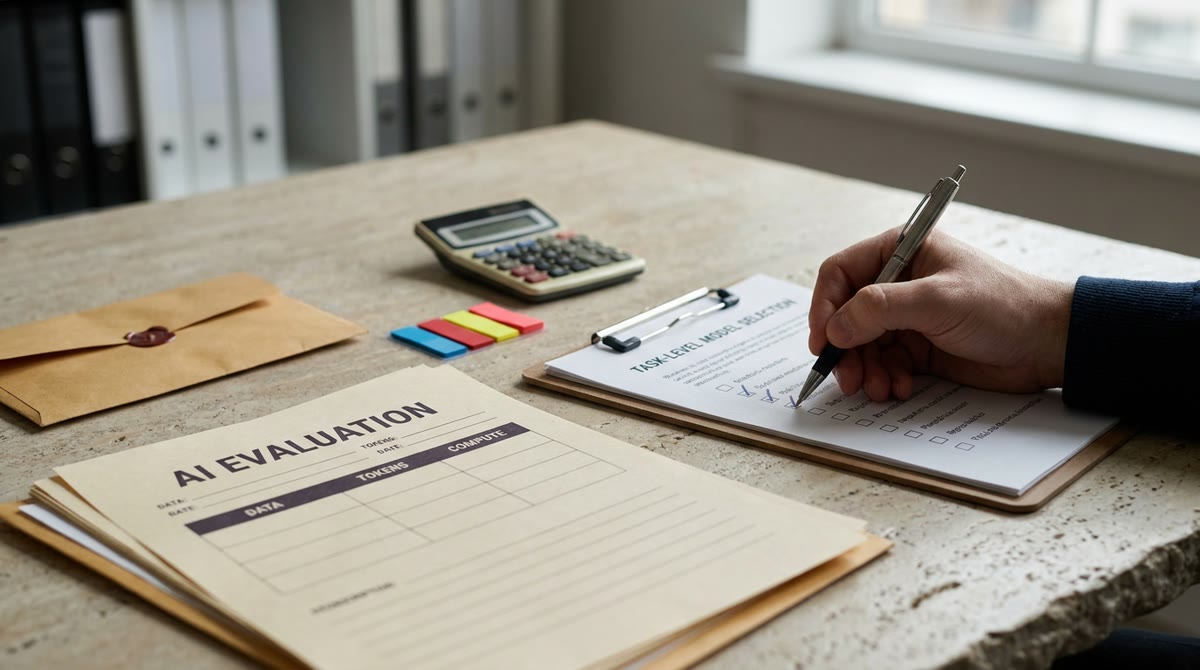 Bộ biểu mẫu đánh giá AI và checklist giấy đặt trên bàn họp