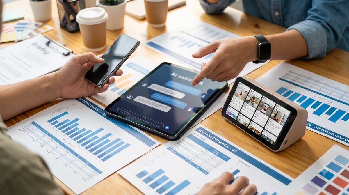 Marketer hands coordinating ads with a phone and tablet