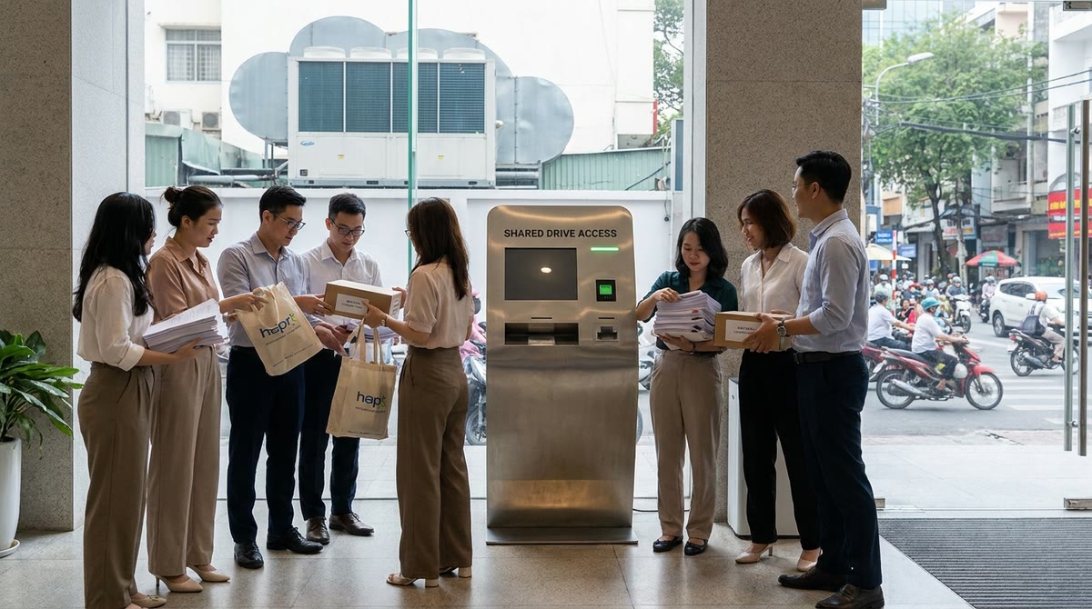 Nhóm marketing đứng trong sảnh tòa nhà, cầm hồ sơ và ổ lưu trữ