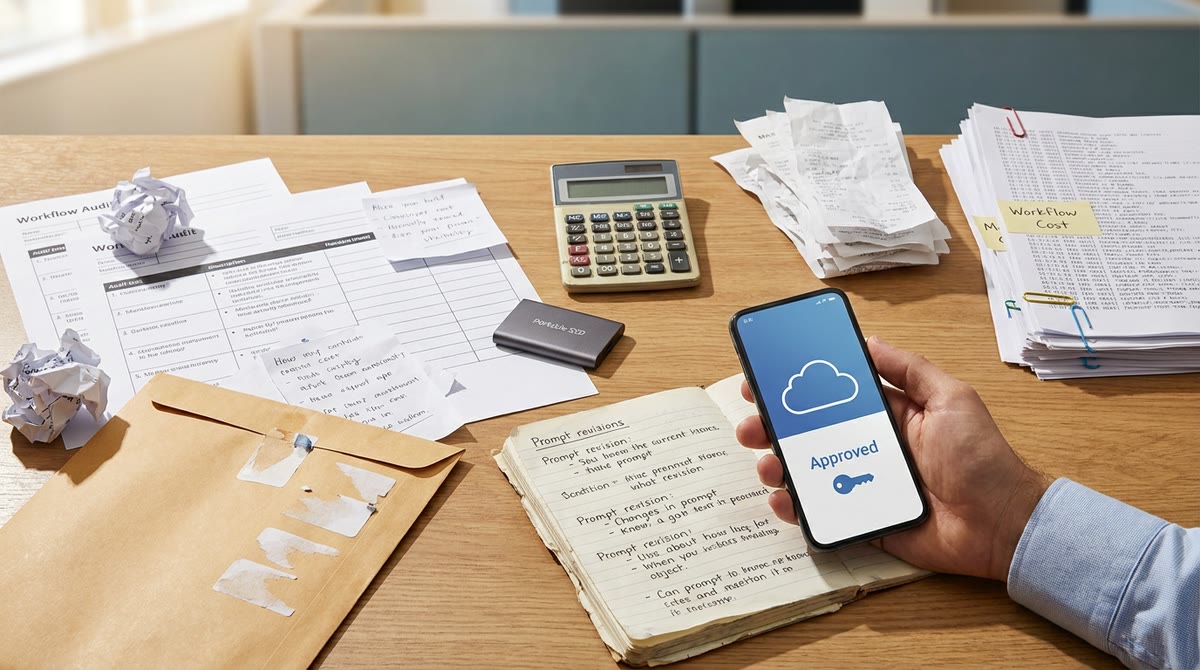 Bàn làm việc phủ giấy kiểm tra workflow, hóa đơn và ghi chú về chi phí model