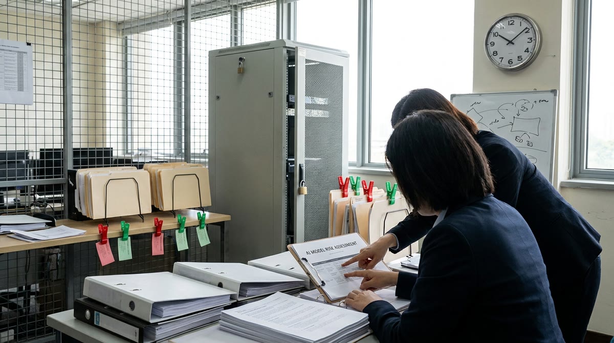 Hai auditor xem báo cáo rủi ro AI và tủ máy chủ khóa kín