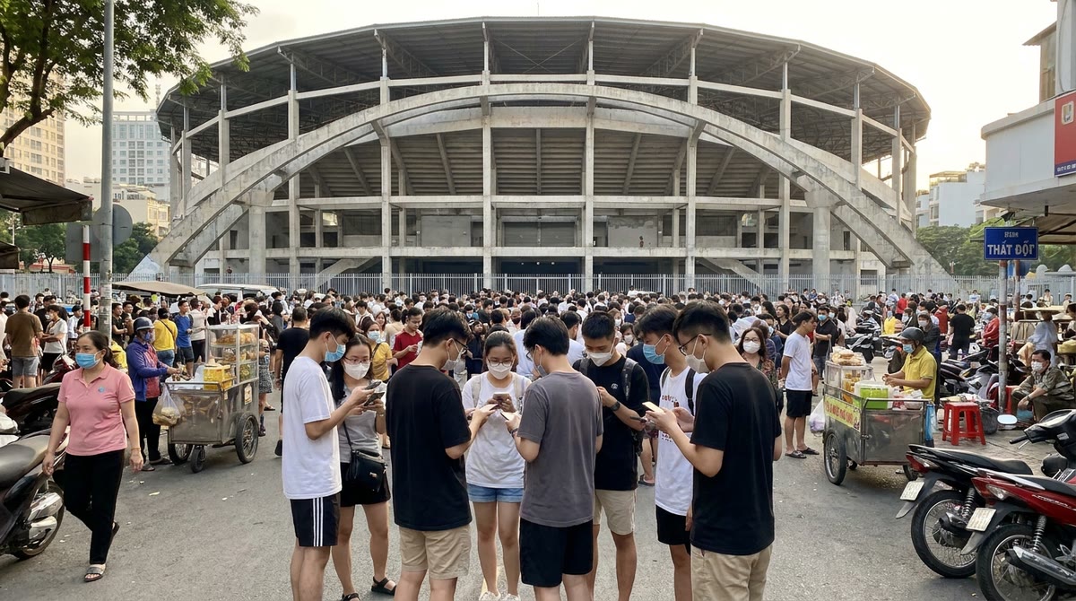 Đám đông xếp hàng trước sân vận động, trò chuyện thành từng nhóm nhỏ ngoài trời