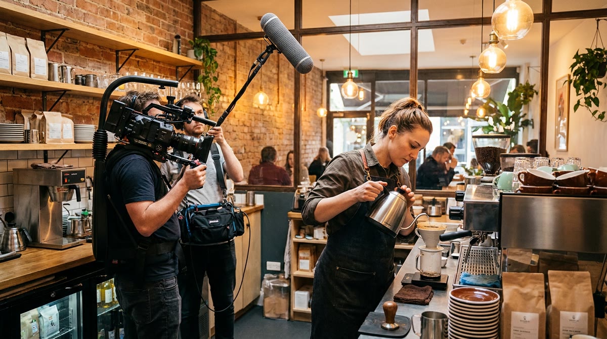 Barista chính tại quầy pha chế, đoàn quay phim đứng bên cạnh trong quán cà phê ấm cúng