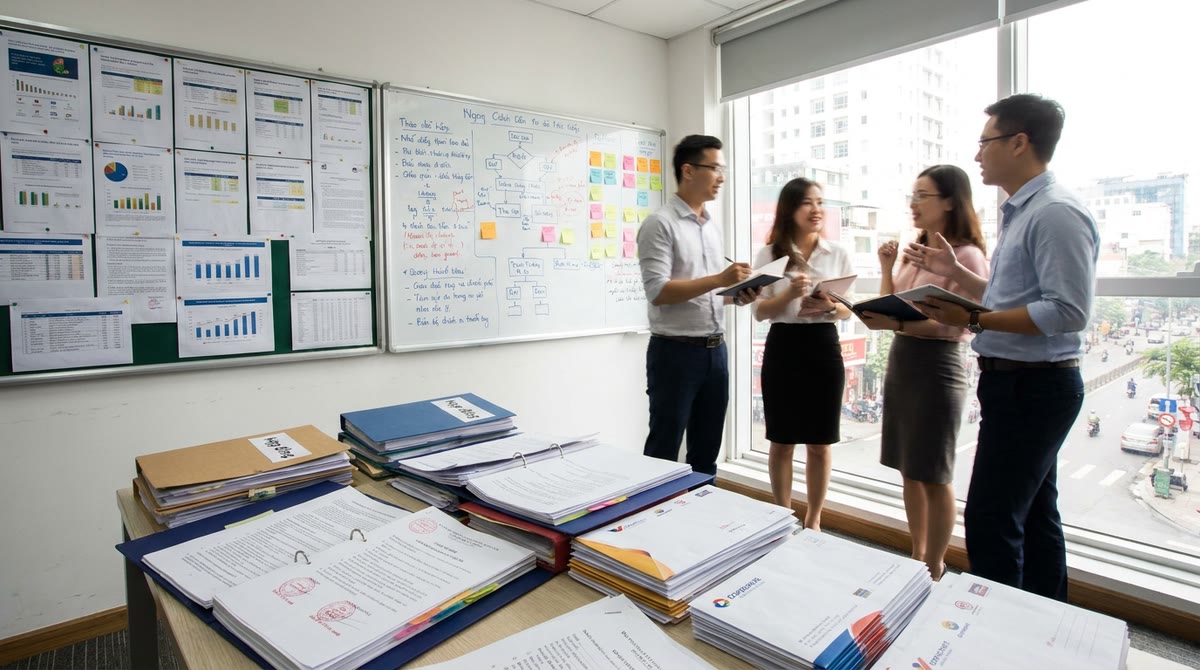 Nhóm marketing tại Hà Nội xem hồ sơ in, biểu mẫu pháp lý và tài liệu thương hiệu