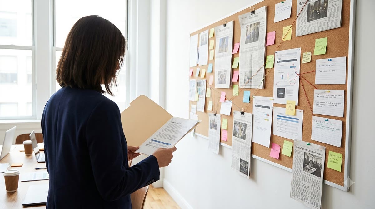 A marketer reviewing a visibility audit profile beside a sticky-note research board