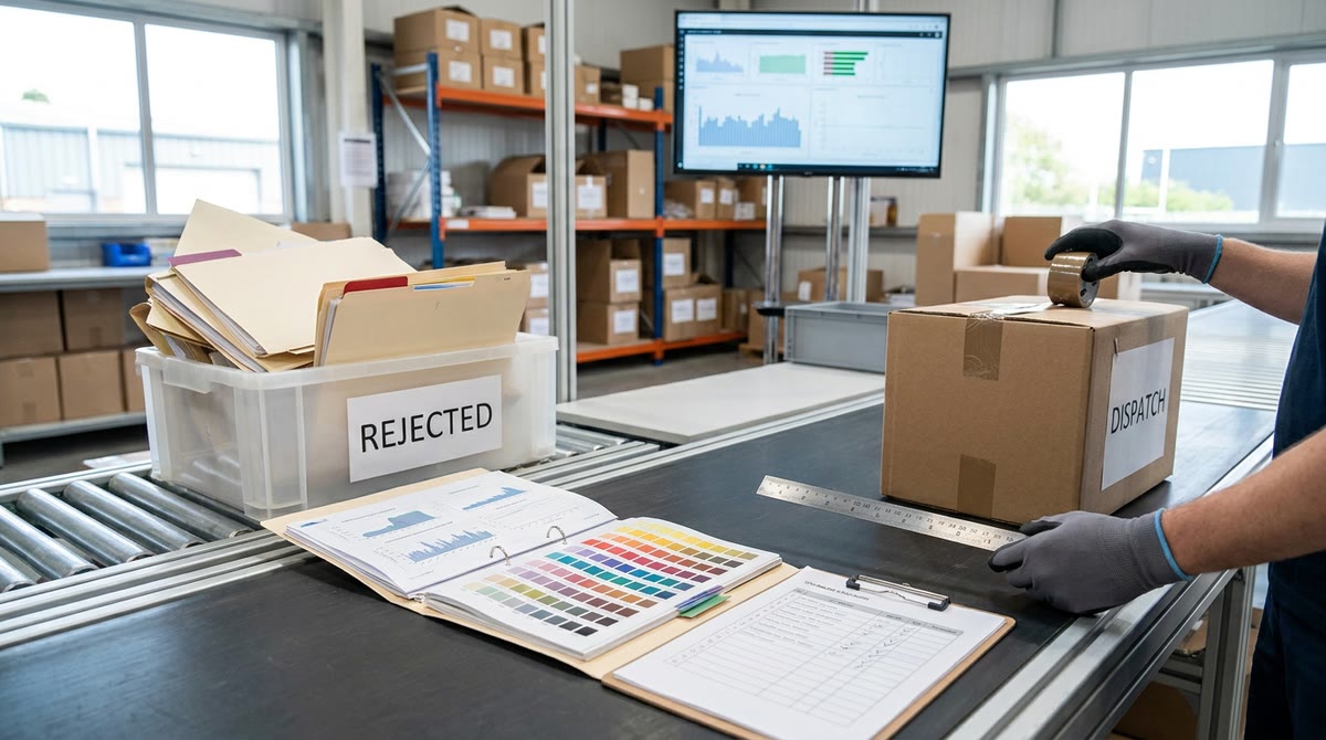 Bản in báo cáo và checklist đang được duyệt trước khi đóng gói gửi đi