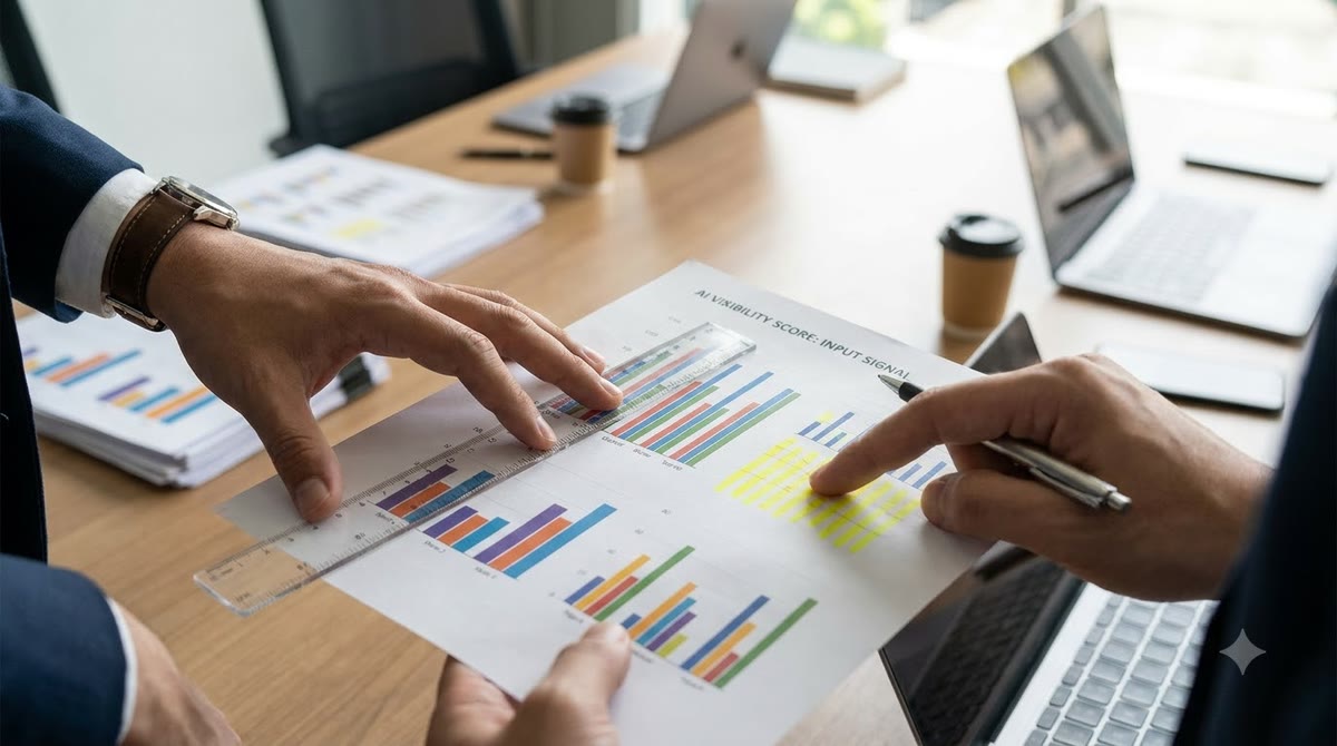 Hands comparing an analytics report with a transparent plastic ruler on a meeting table