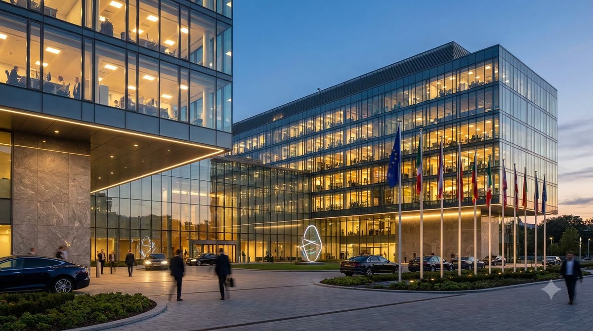 Modern European research building with a lit facade and plaza courtyard