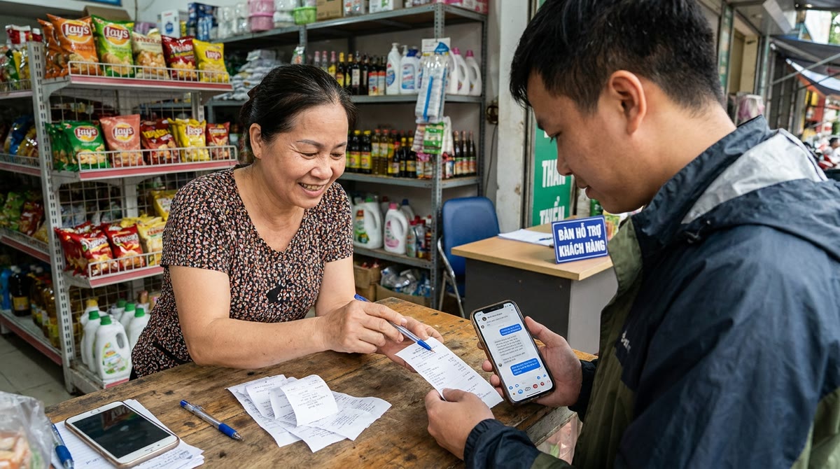 Chủ cửa hàng và khách trao đổi hóa đơn in trước quầy dịch vụ địa phương