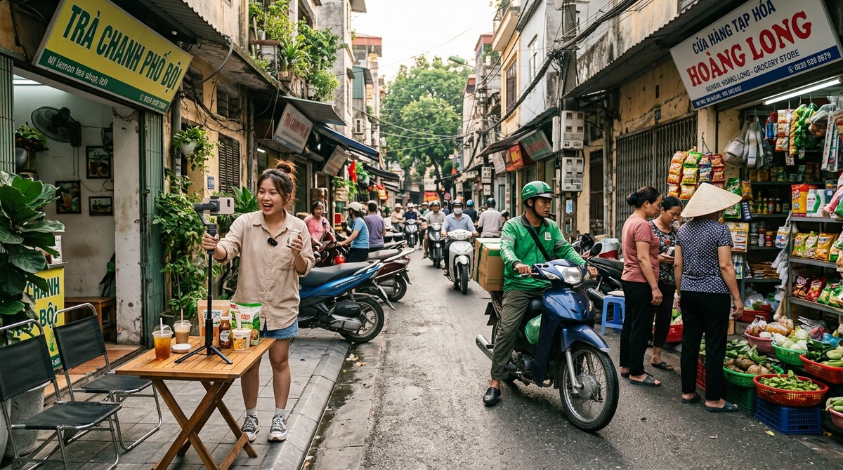 Người quay nội dung trước cửa tiệm Việt, khách hàng và xe giao hàng phía sau