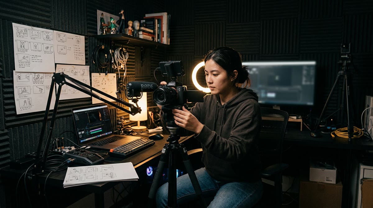 Góc phòng studio tại nhà với đèn ring light, máy quay và bàn dựng video