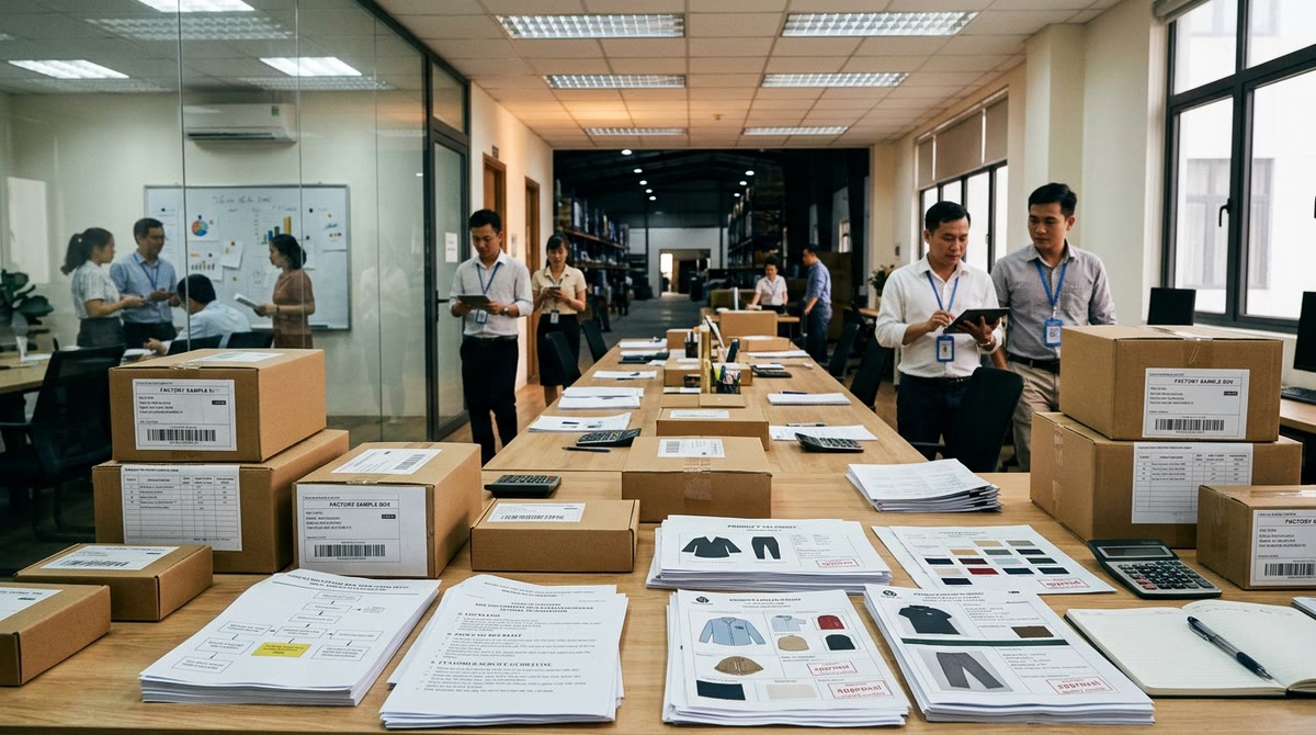 Không gian vận hành tại doanh nghiệp Việt với mẫu hàng, phiếu duyệt và khu đóng gói