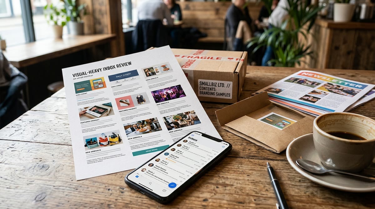 Bàn cà phê có bản mẫu email nhiều ảnh, điện thoại và phong bì
