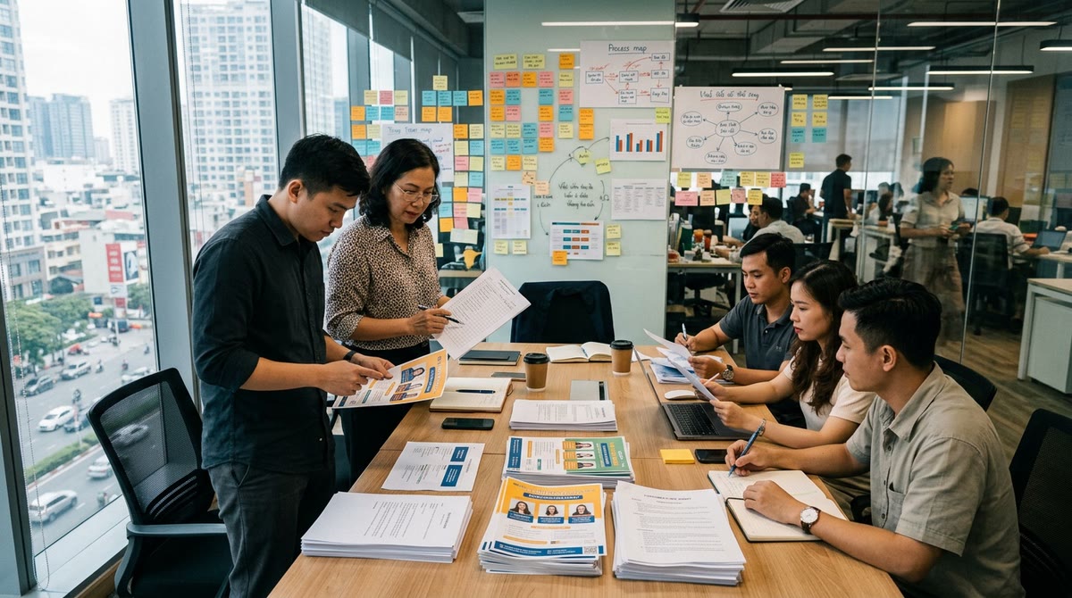 Nhóm marketing Việt Nam xem bộ tài liệu email, tuyển dụng và chăm sóc khách hàng