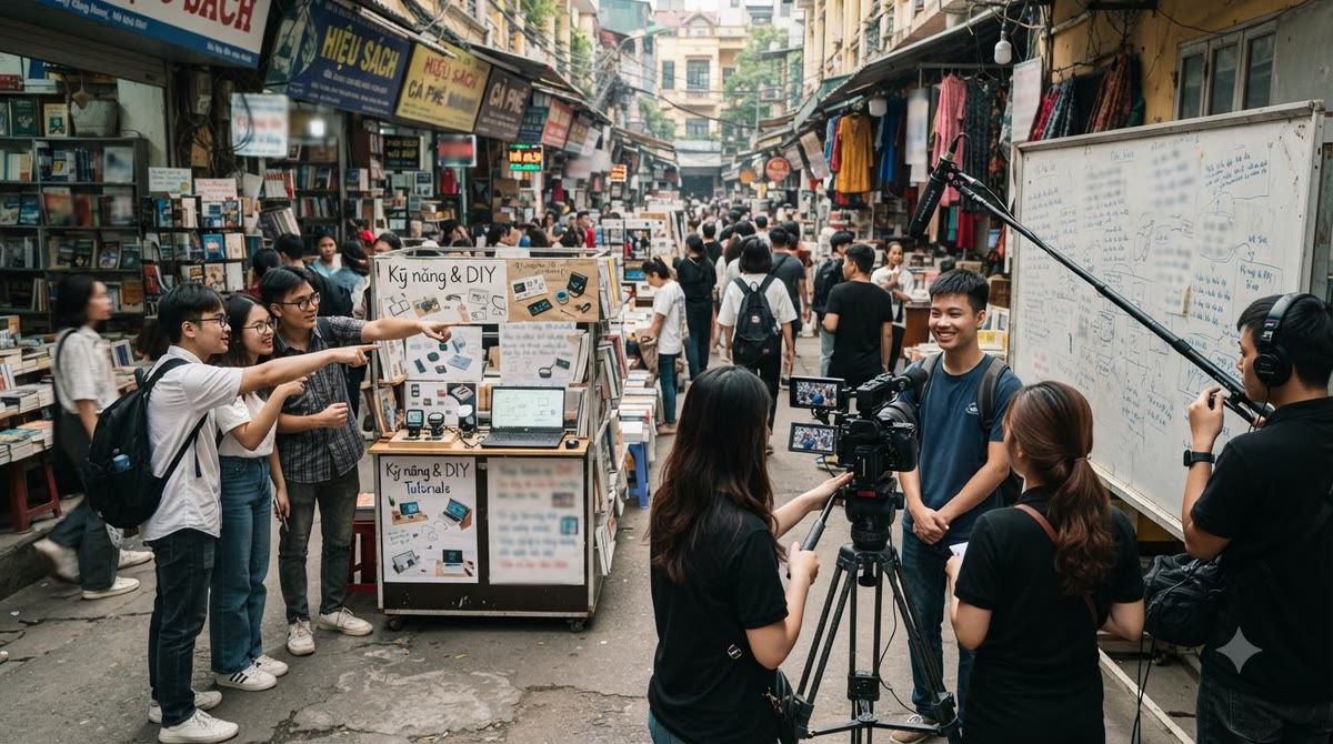 Nhóm làm nội dung quay ở khu phố đông người, cạnh quầy demo và tripod máy quay