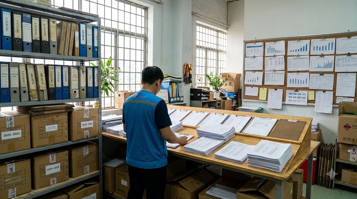 Nhân viên kho tại Việt Nam sắp xếp báo cáo in và hộp lưu trữ