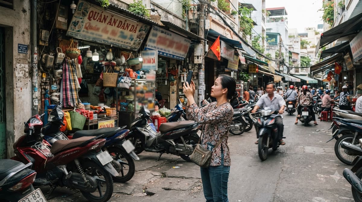 Phố Việt Nam nhiều xe máy, người dùng giơ điện thoại chụp mặt tiền cửa hàng