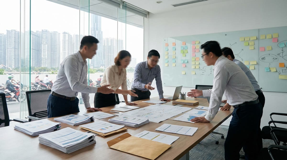 Phòng vận hành ở Việt Nam với bảng dán ghi chú, báo cáo giấy và cuộc họp ngân sách
