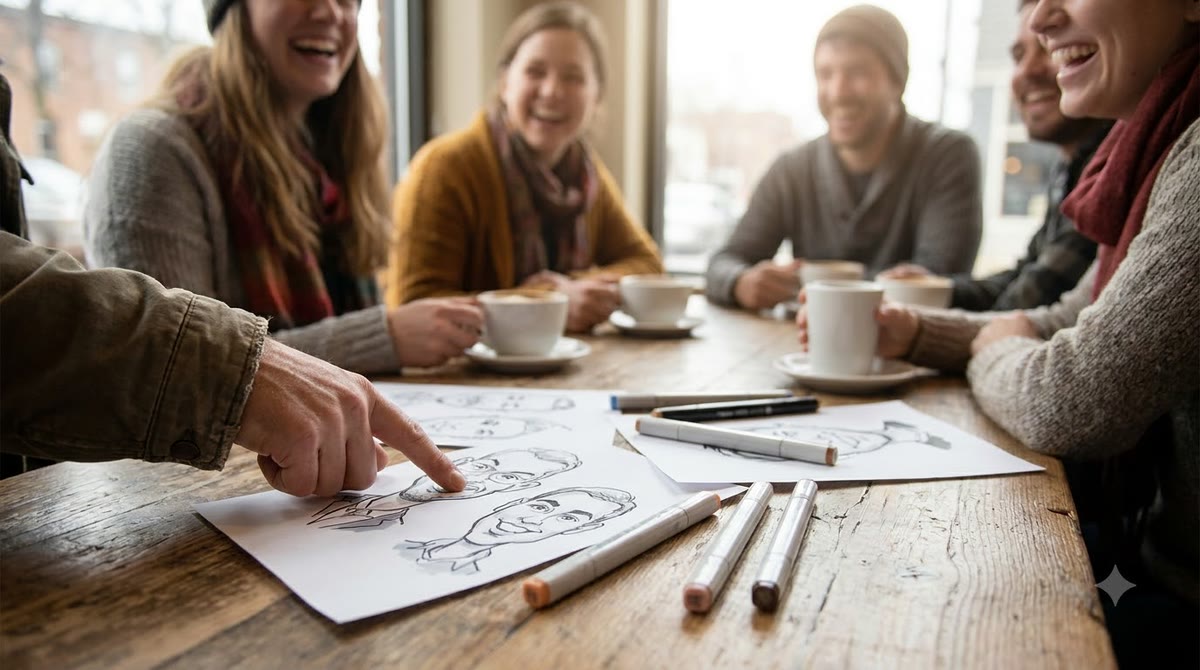 A printed caricature portrait placed on a table with colored pens and friends looking at it