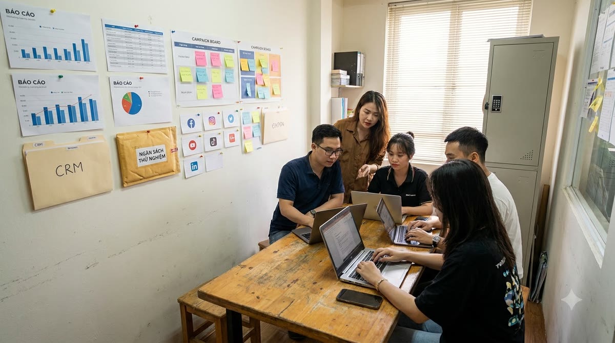 Nhóm marketing Việt ngồi cạnh bảng chiến dịch, hồ sơ khách hàng và phong bì ngân sách thử nghiệm