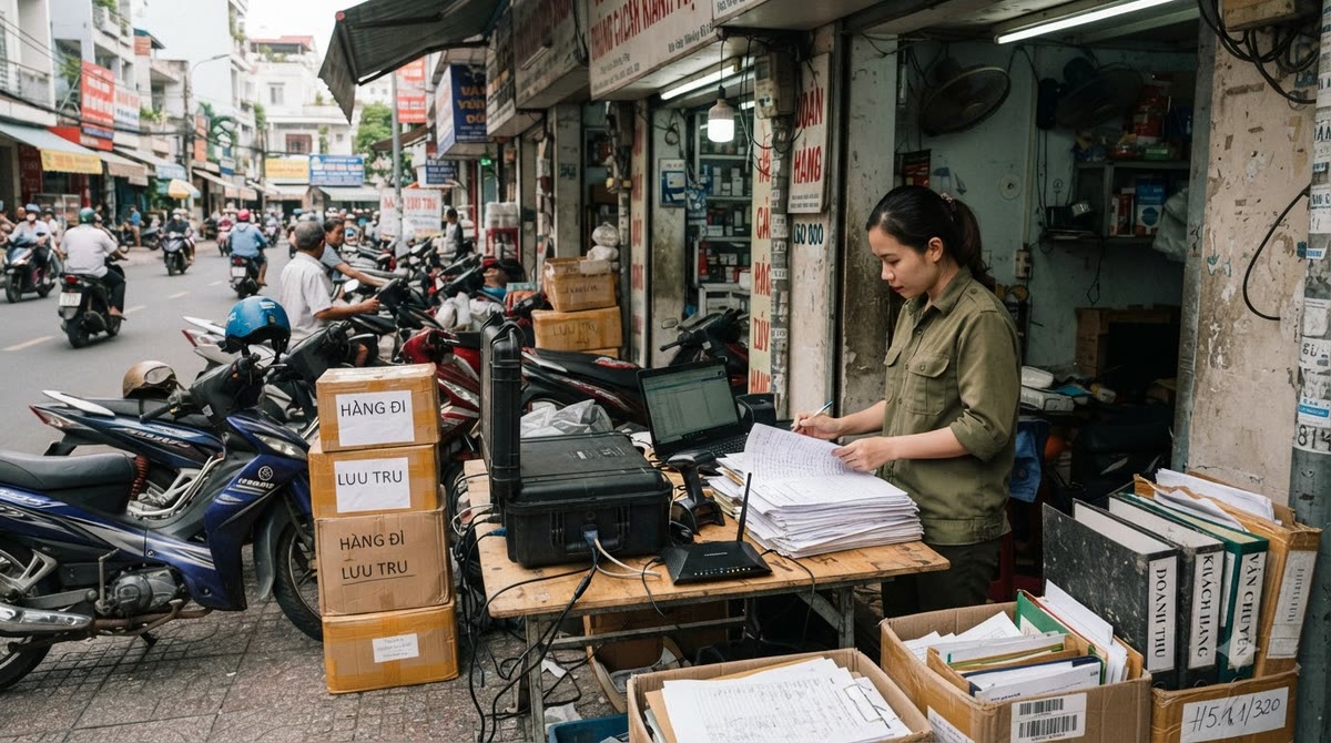 Cảnh phố Việt Nam với hồ sơ, hóa đơn và thiết bị mạng phục vụ thử nghiệm
