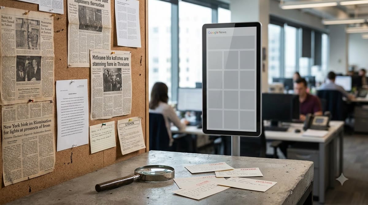 A newsroom desk corner with printed pages, an empty kiosk, and citation cards scattered across the table