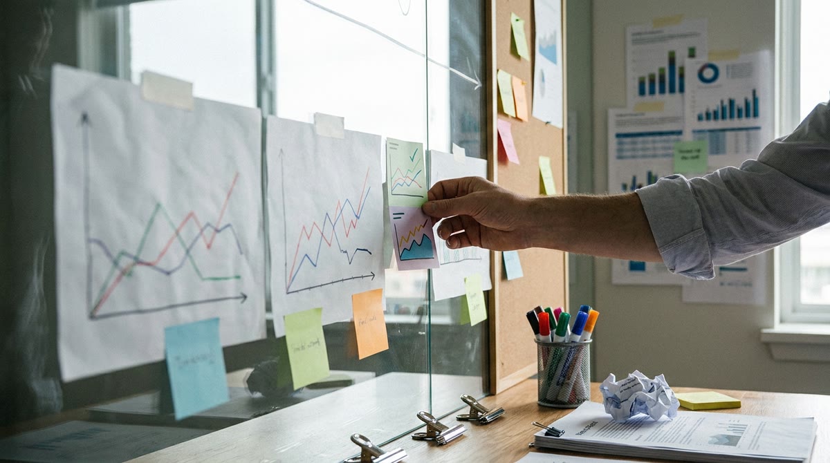 Người làm marketing sắp xếp các thẻ KPI và biểu đồ giấy trên bảng kính