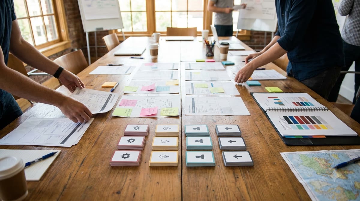 Đội marketing sắp xếp bảng quy trình, giấy tờ và tài liệu thương hiệu trước khi chọn công cụ
