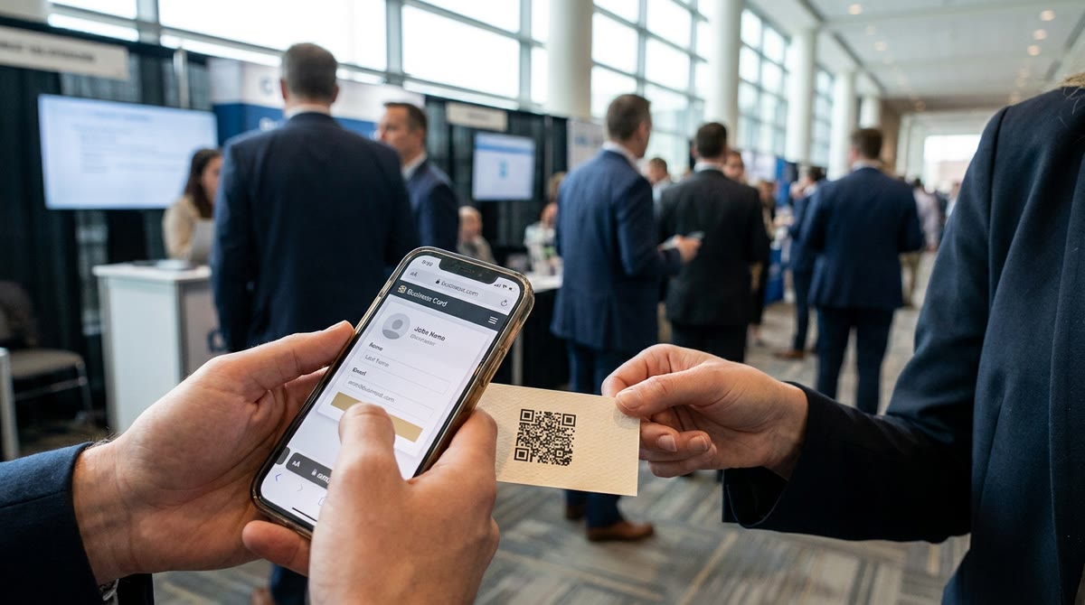 Người dùng quét QR code trên danh thiếp số trong không gian hội nghị đông người