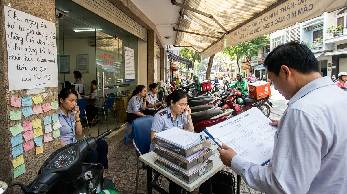 Lối vào trung tâm dịch vụ với hồ sơ CRM giấy, quầy chờ và nhân viên xử lý cuộc gọi