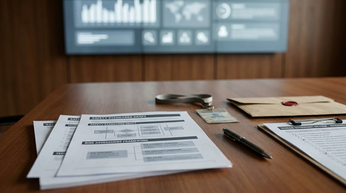 Bàn họp có tài liệu tiêu chuẩn an toàn, bút ký và checklist duyệt thủ công