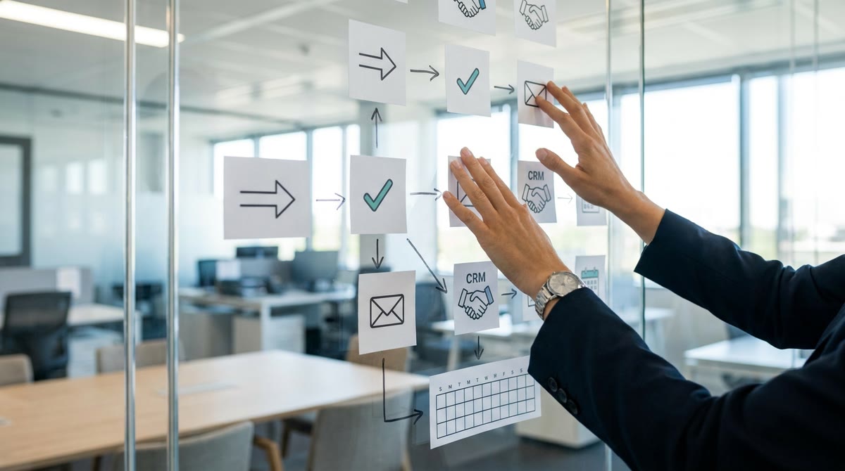 Bàn tay marketer sắp xếp thẻ quy trình và điểm duyệt trên tường kính