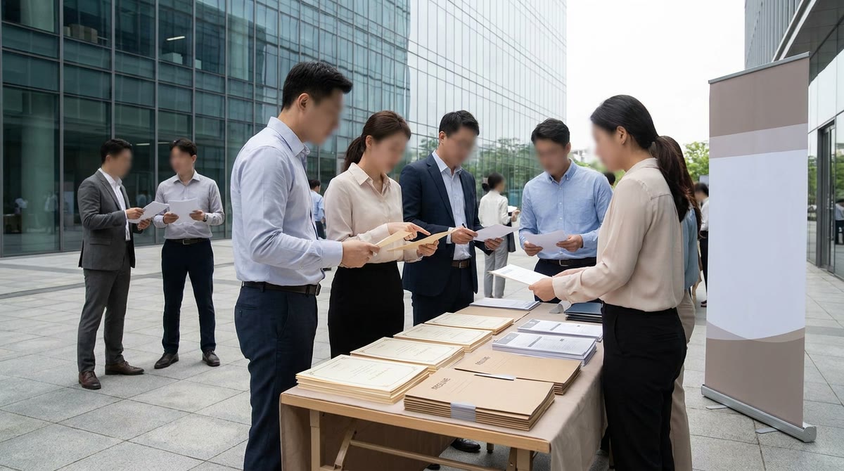 Hội chợ tuyển dụng trước tòa nhà kính với ứng viên, nhà tuyển dụng và bộ hồ sơ chứng chỉ