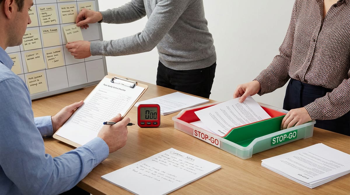 Bàn thử quy trình với bảng kế hoạch, checklist kiểm tra và xấp giấy sửa đổi