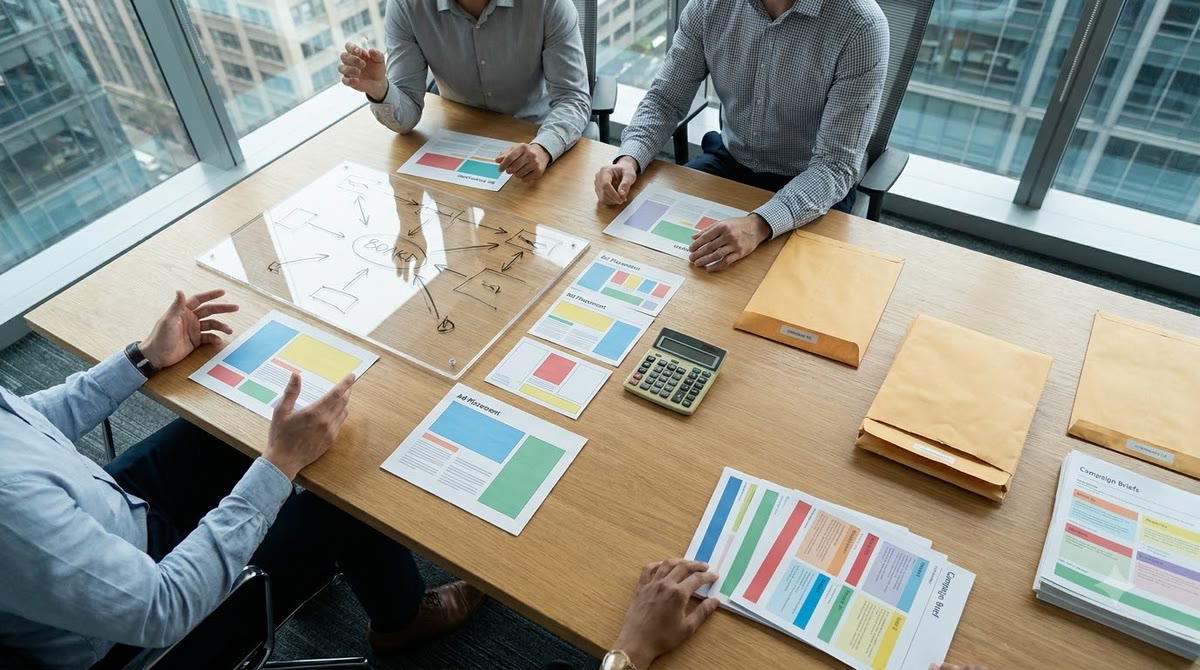Commercial review table with campaign printouts, a calculator, and an illustration board