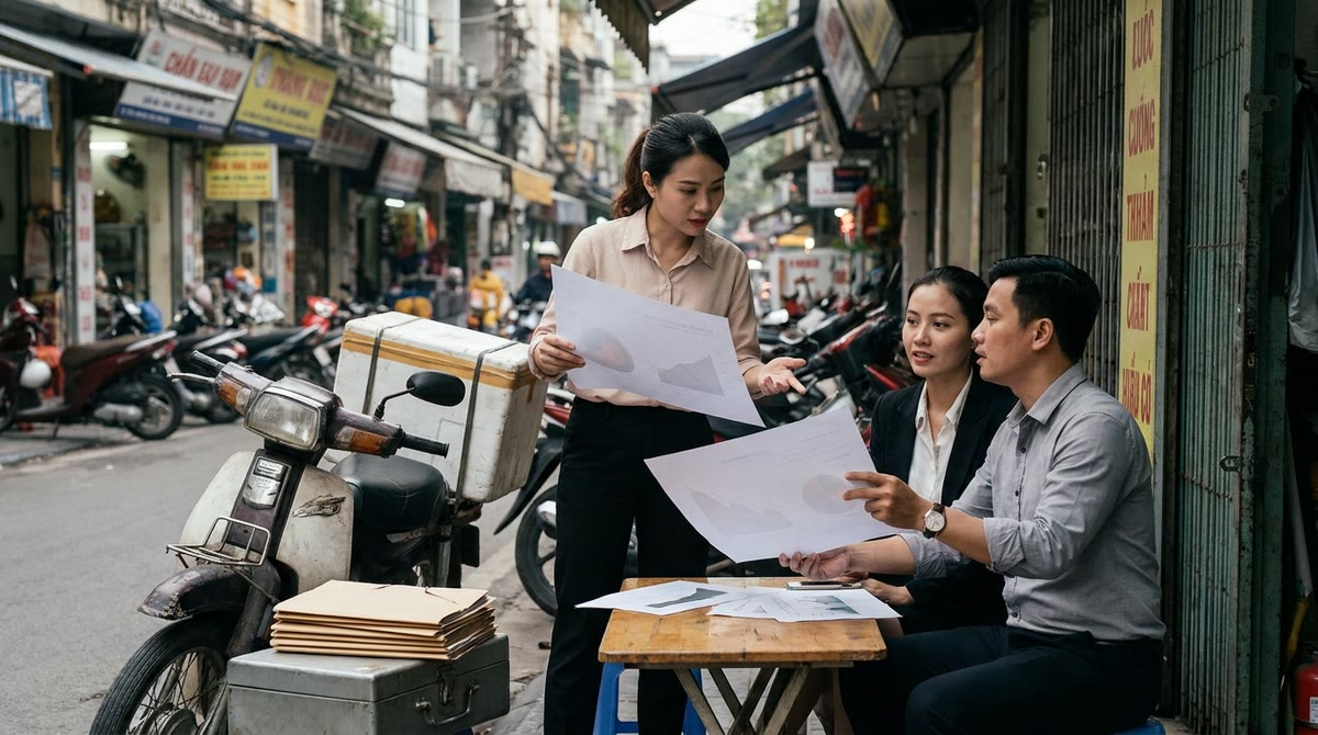 Nhóm marketing đứng ngoài cửa hàng, xem giấy in và bộ hồ sơ phê duyệt bên vỉa hè