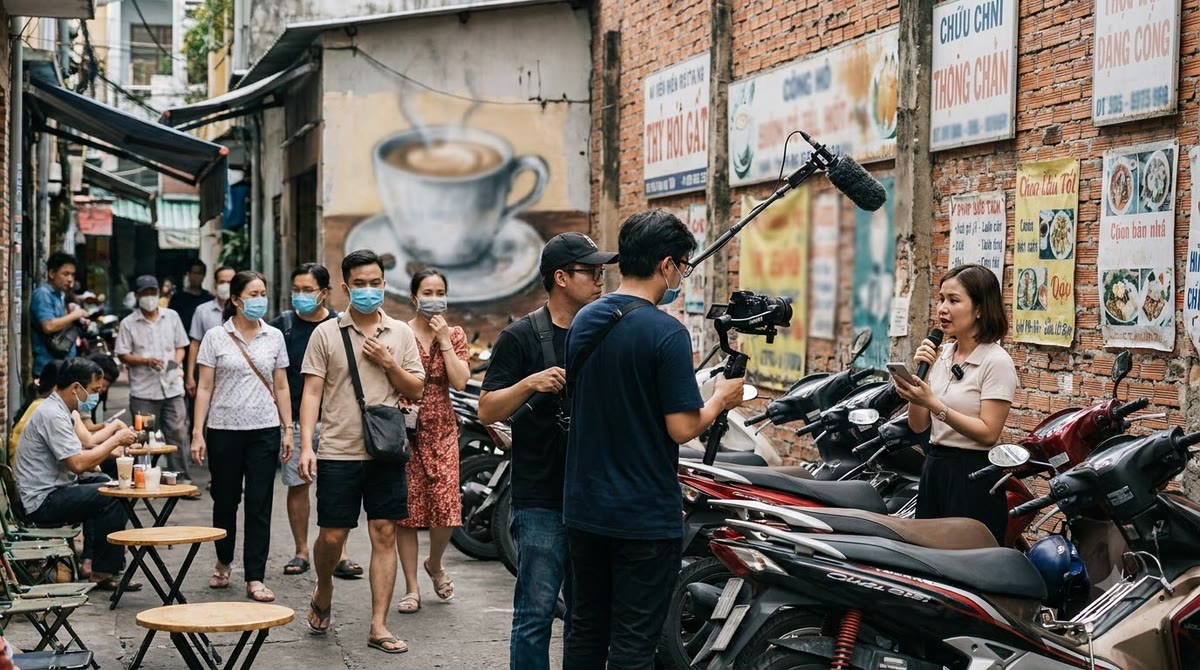 Đoàn quay video nhỏ trên phố quán cà phê, xe máy và biển hiệu địa phương