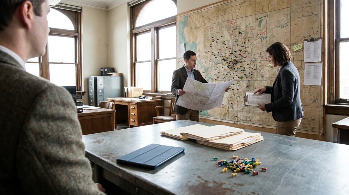 Map room with location pins and a marketer team reviewing profile data