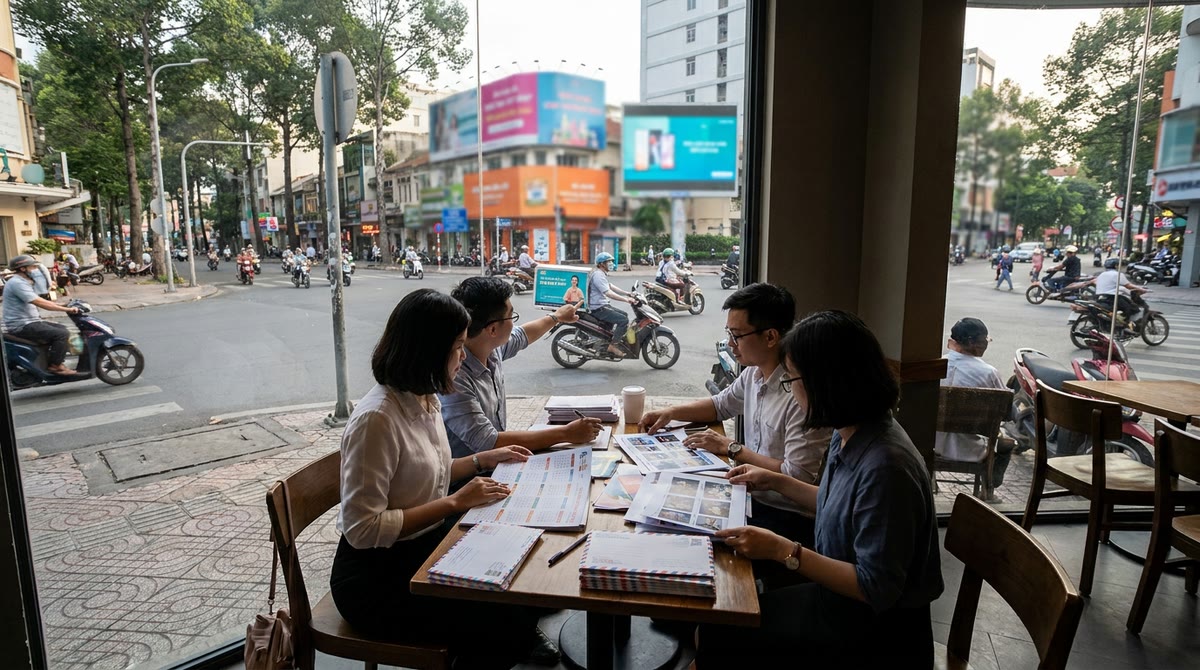 Nhóm marketing ở quán cà phê nhìn bản in chiến dịch, quảng cáo ngoài trời và xe máy